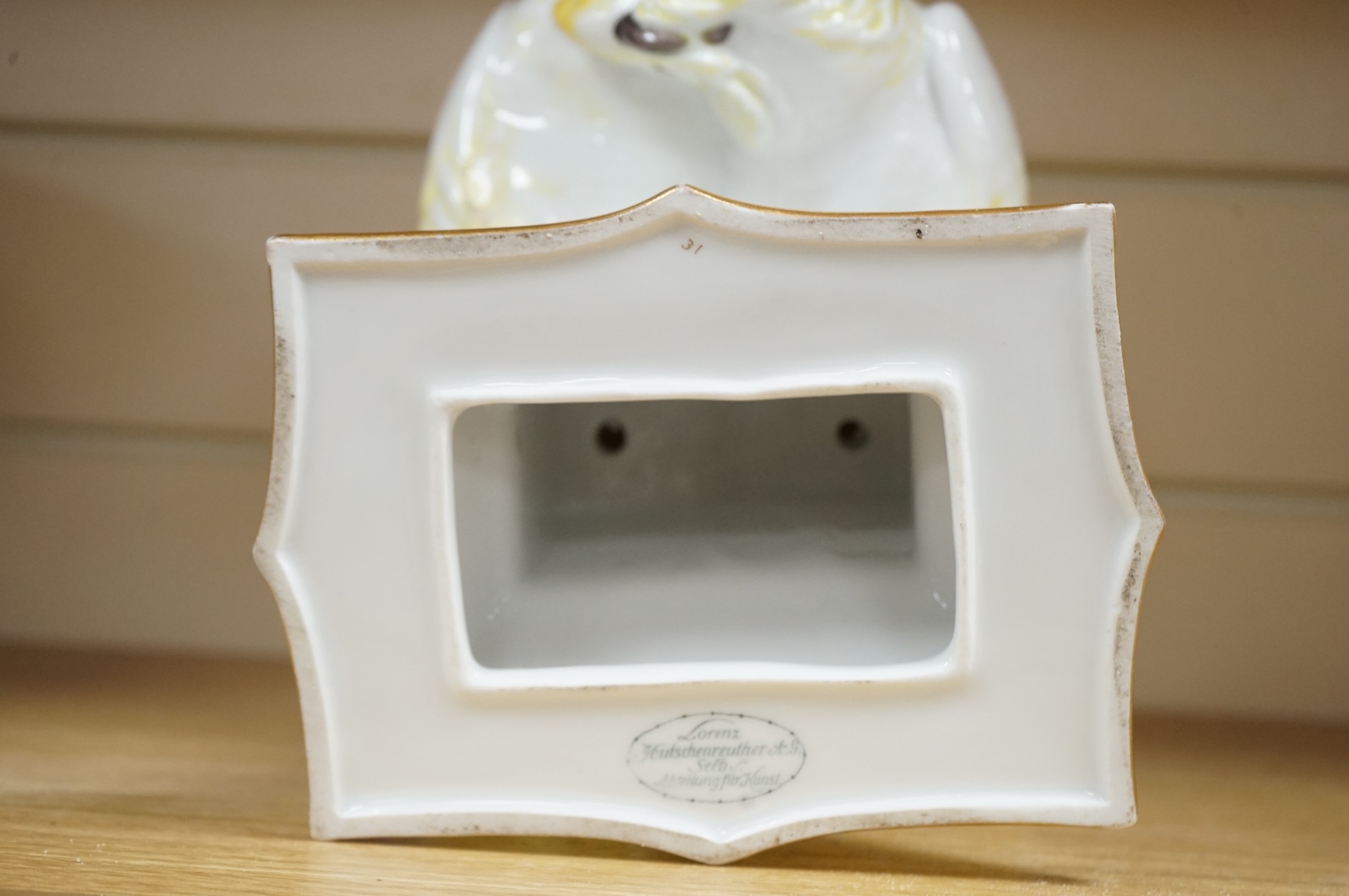 A Lorenz Hutschenreuther porcelain figure group of two cockatoos, stamped to the base, 19cm high